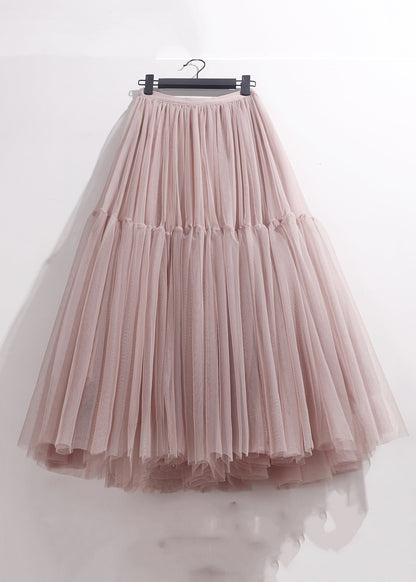 Tulle Patchwork High Waist Skirt Loose Summer Pleated Pink