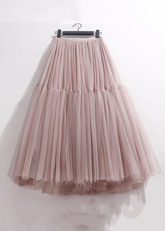 Waist Patchwork Tulle Pink Loose Skirt High Summer Pleated