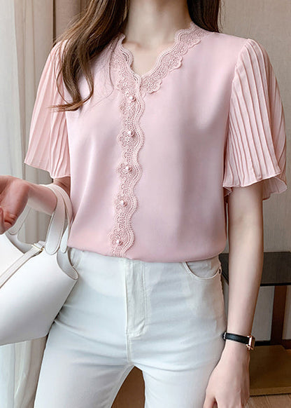 Italian Shirt Summer Bead Pink Lace Chiffon Nail Patchwork Top