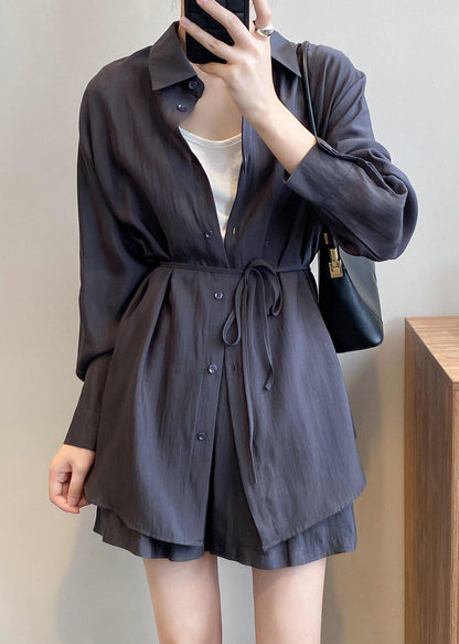 Spring Button Gray Peter Dark Silk Pan Solid Collar Two-Piece Set