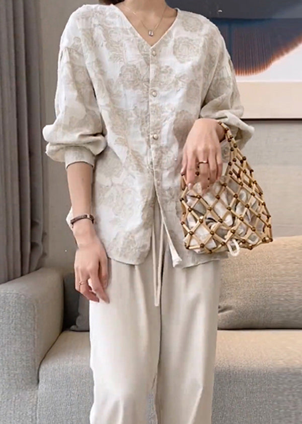 Neck Cotton Spring Apricot Button Jacquard V Casual Shirts