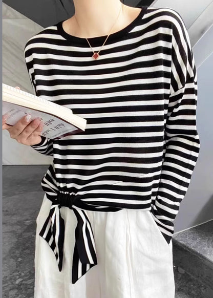 Spring O T Lace Striped Black Up Loose Neck Cotton Shirt