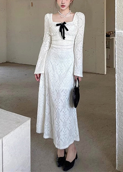 Dresses Hollow Square White Cotton Long Collar Spring Out Elegant