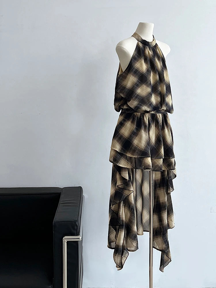 Asymmetric Khaki Plaid Neck Sleeveless Top High-Low Uniaue Halter