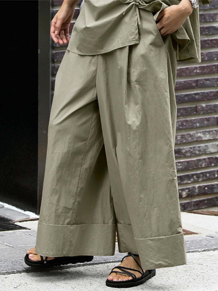 Elastic Organic Wide-Leg Waist Khaki Pants
