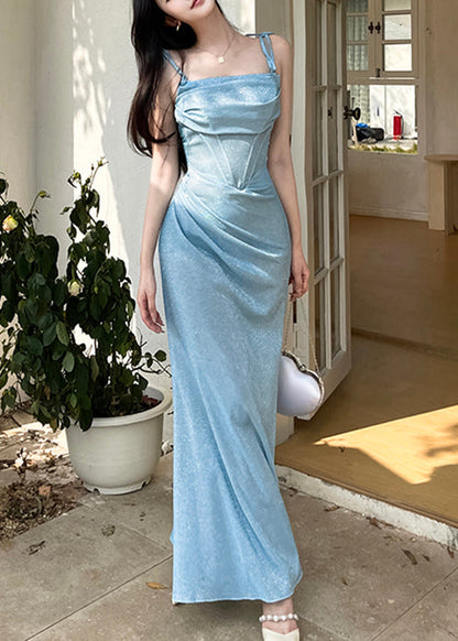 Strap Dinner Spaghetti Design Original Blue Wrinkled Dress