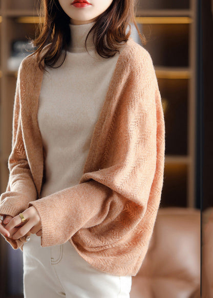 Simple Camel V Neck Button Hollow Out Knit Cape Fall WV025