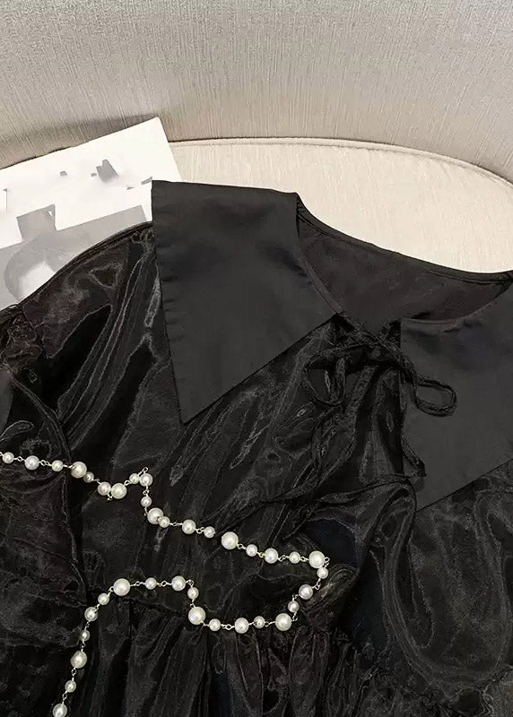 French Black Sleeve Neck V Tulle Long Patchwork Mid Dresses