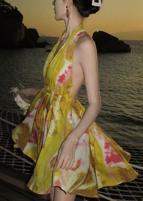 Dresses Up Chiffon Yellow Mini Print Stylish Lace Backless