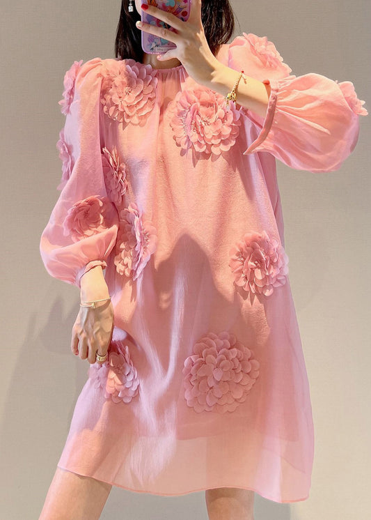 Loose Pink O-Neck Floral Mid Dress Long Sleeve EE007
