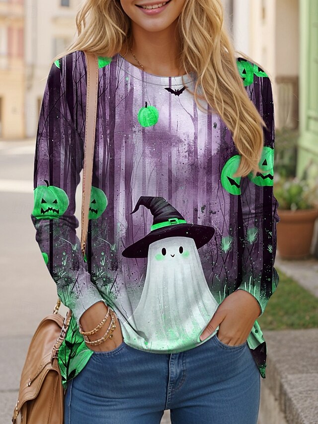 Women's T shirt Ghost Long Sleeve Crew Neck Long Sleeve