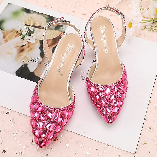 Women's Heels Slingback Pointed-Toe Rhinestone Crystal High