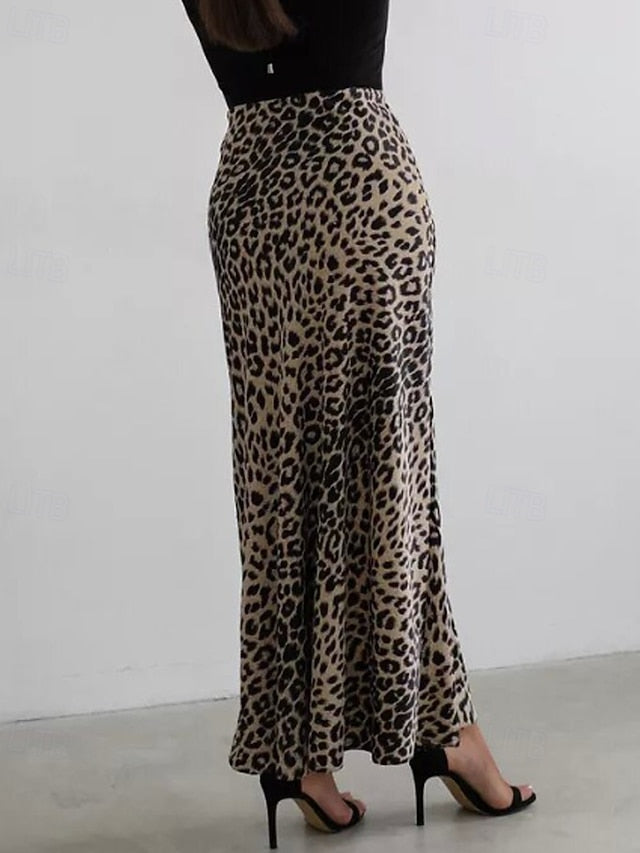 Women's Fashion Sexy Maxi High Waist Skirts Leopard Ruched