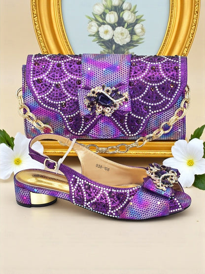 Women's Rhinestone and Gold Heels Matching Slingback Clutch