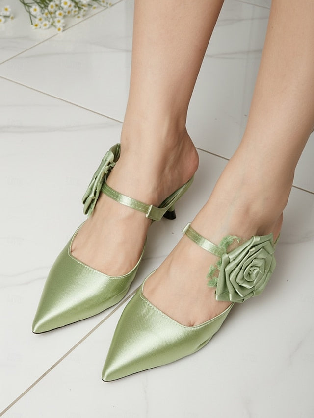 with Pointed Green Heels Ankle Satin Women's Floral Toe