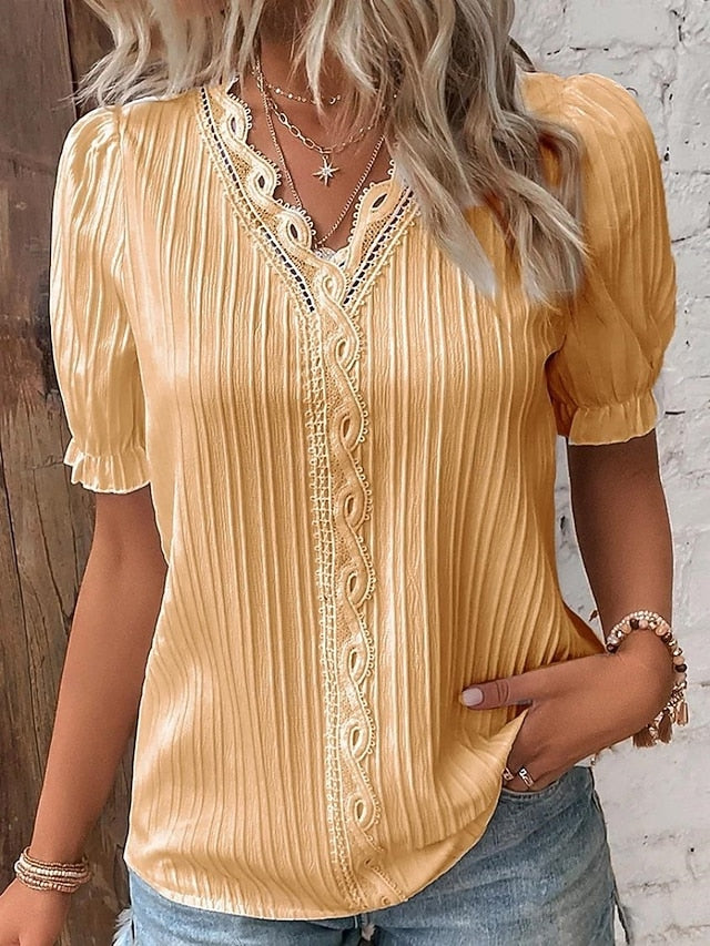 Women's Blouse Lace Tops Lace Patchwork Solid Color Stylish