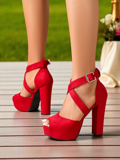 Cross - Strap Suede Platform Sandals Red Women's Toe Peep
