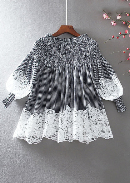 French White O-Neck Wrinkled Patchwork Hollow Out Shirt Long Sleeve NN036