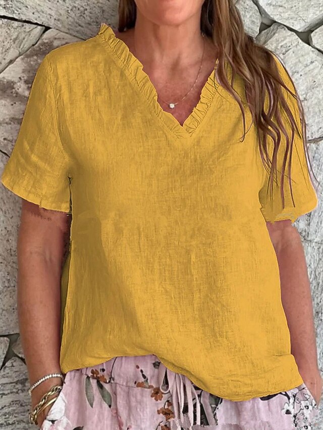 Women's Cotton Linen Blouse Solid Color Elegant Casual