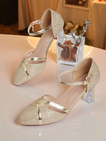 Strap Heel Gold Pumps Ankle Women's Block - Glitter Elegant