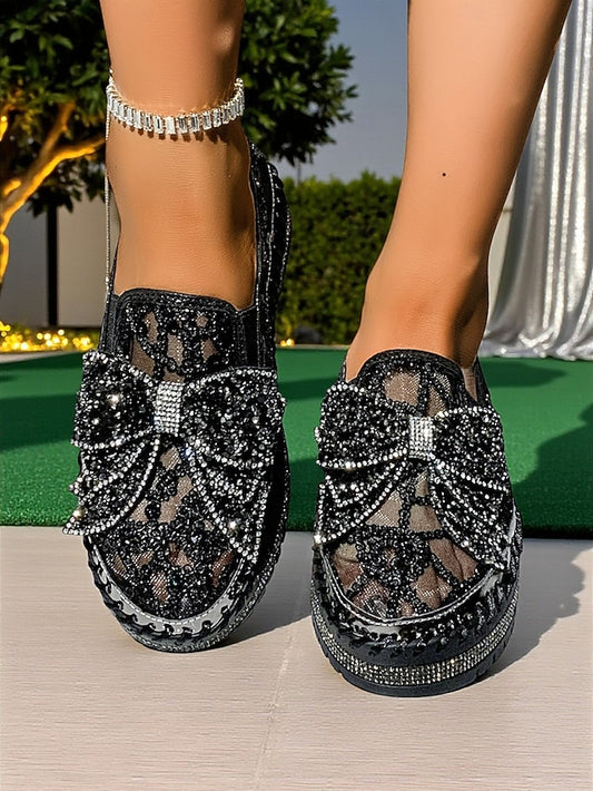 Women's Shoes Rhinestone Black with Lace Bow Slip-On