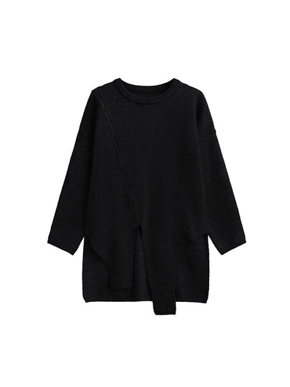 Street Grey Round-neck Zipper Decor Irregular High-low Hem Long Sleeve Sweater AN1067