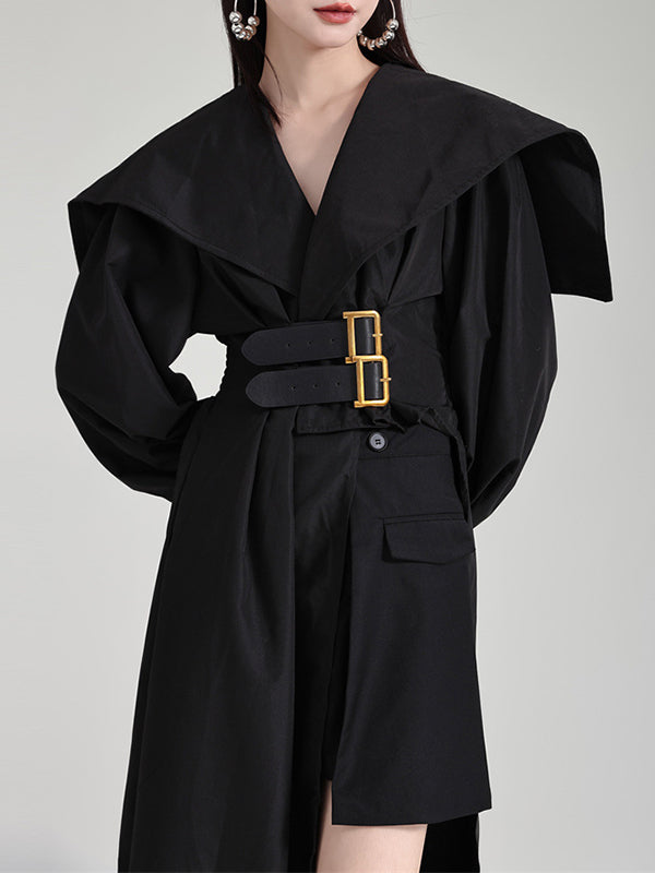 Pleated Black Asymmetric Lapel Waisted Long High Modern Belted