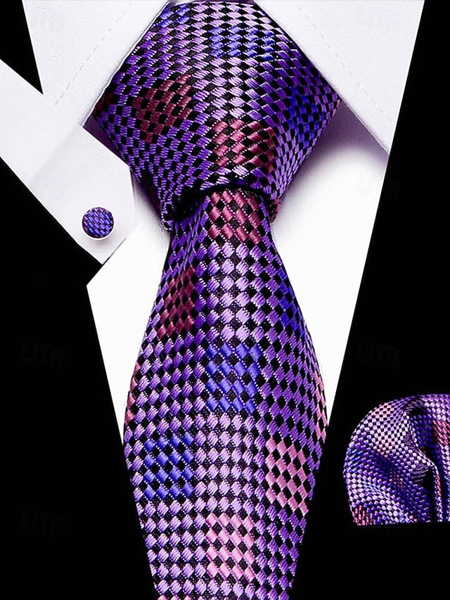 Silk Set Tie – and Men's Checkered Pocket Purple Square