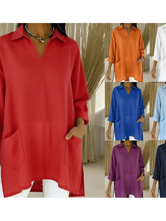 Women's Tunic Cotton Shirt Faux Cotton Linen Pocket Solid