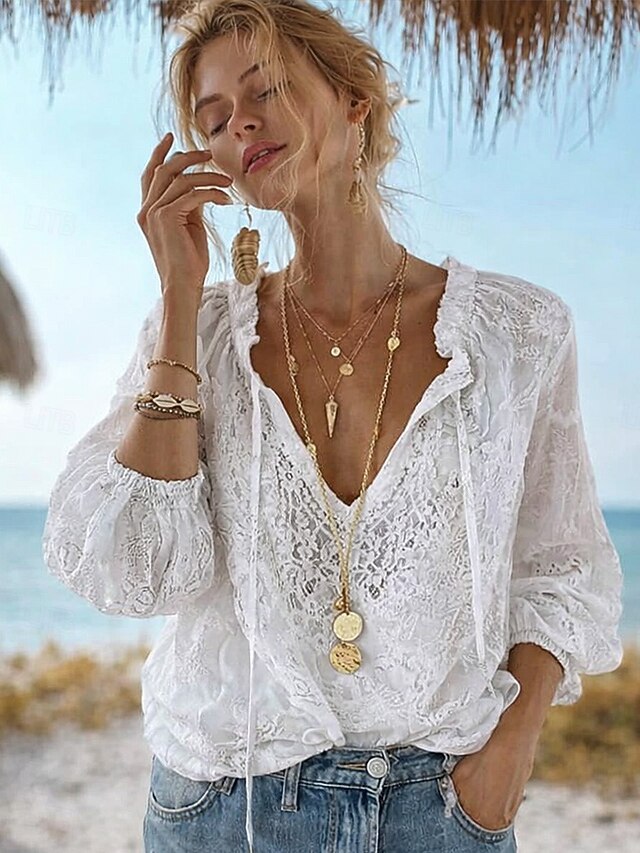 Women's Blouse Tie Front Lace Solid Color Stylish Casual