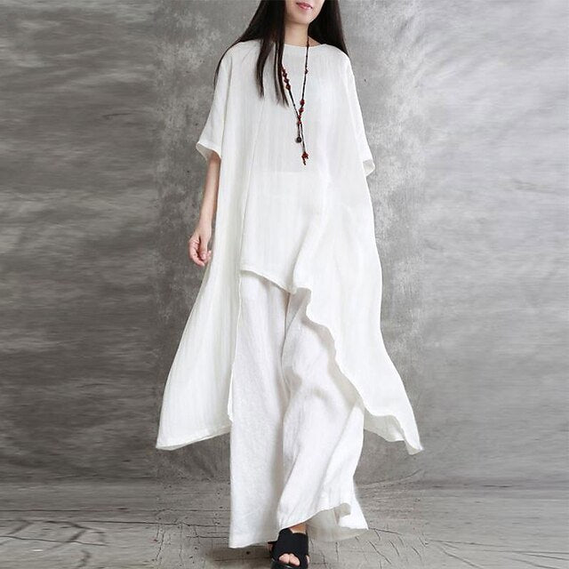 Women's Shirt Pants Sets Long Cotton Top Wide Leg Pants