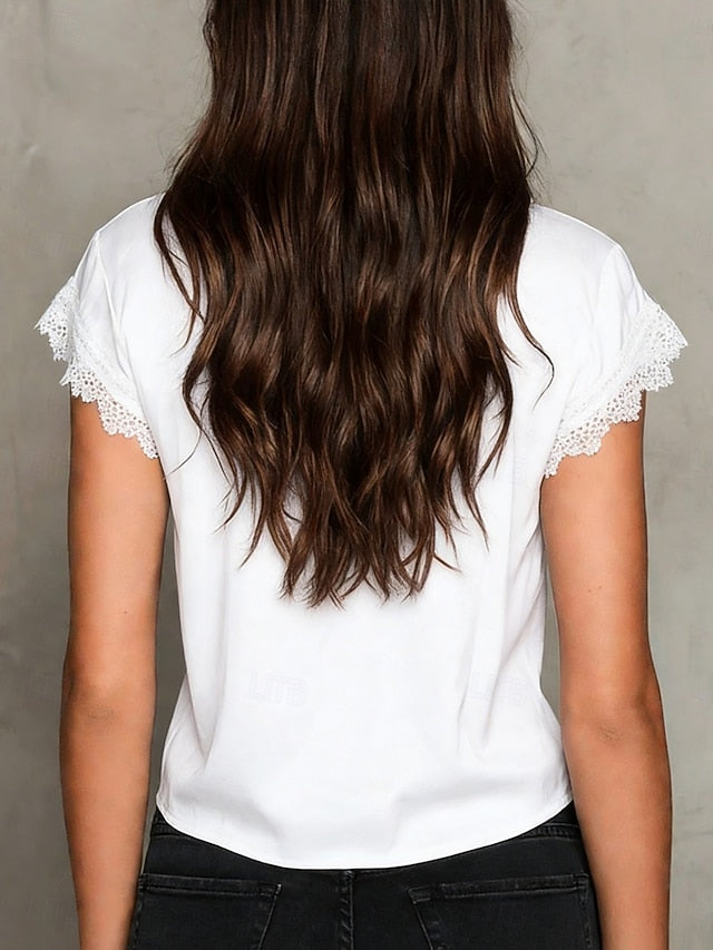 Women's Shirt Blouse Lace Tops Tie Front Plain Stylish