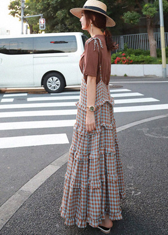 Blue Patchwork Sleeveless Plaid Ruffles Dress Long