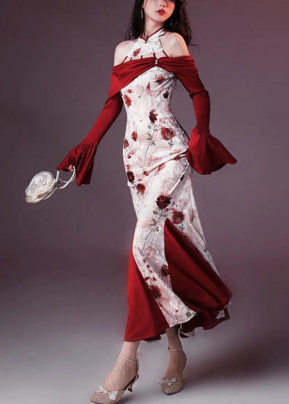 Velvet Print Patchwork Fishtail Chic Silk Red Flare Dresses
