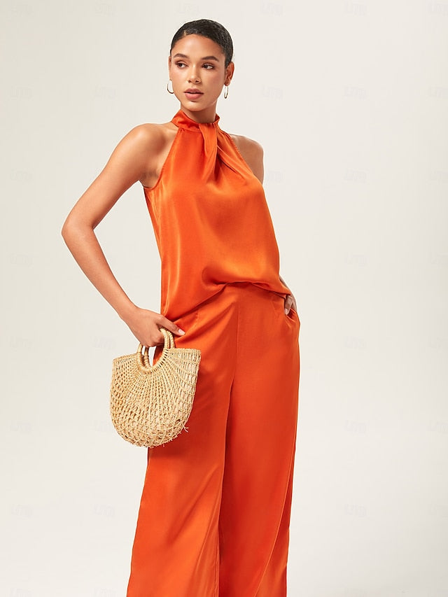 Orange Stand Collar Wide Leg Pants Set