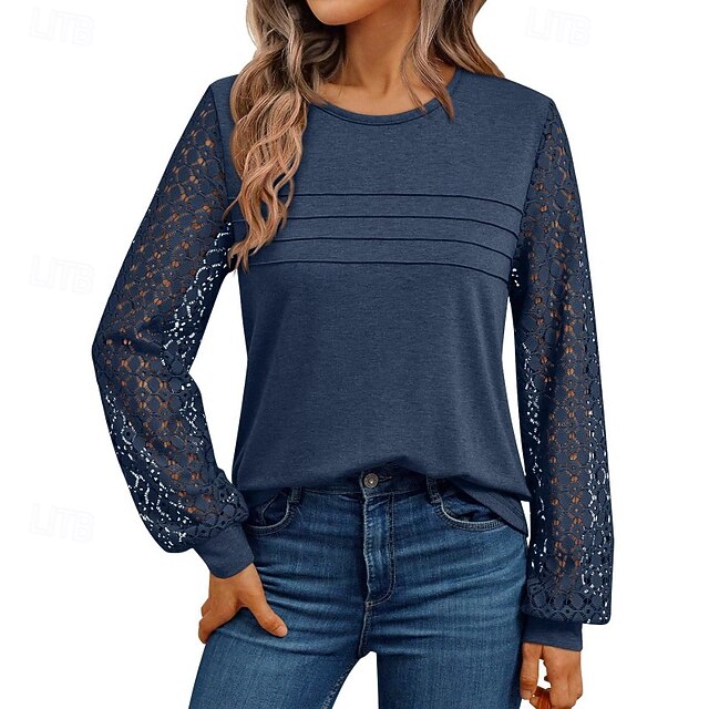 Color Tee Top Shirt Women's T Patchwork Eyelet Solid