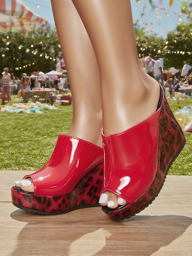 Peep - Leopard Patent Red Leather Sandals Toe Women's Wedge
