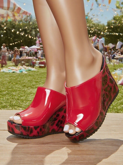 Peep - Leopard Patent Red Leather Sandals Toe Women's Wedge
