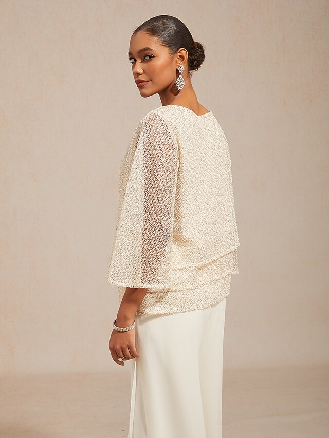 Women's Blouse Lace Tops Sequins Illusion Solid Color