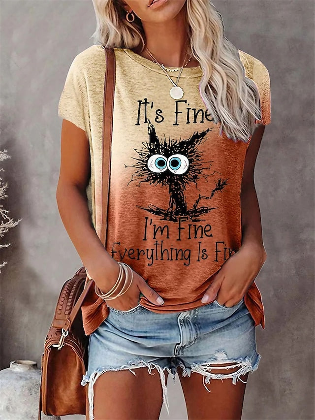 Women's T shirt Tee Purple Brown Gray Cat Letter Patchwork