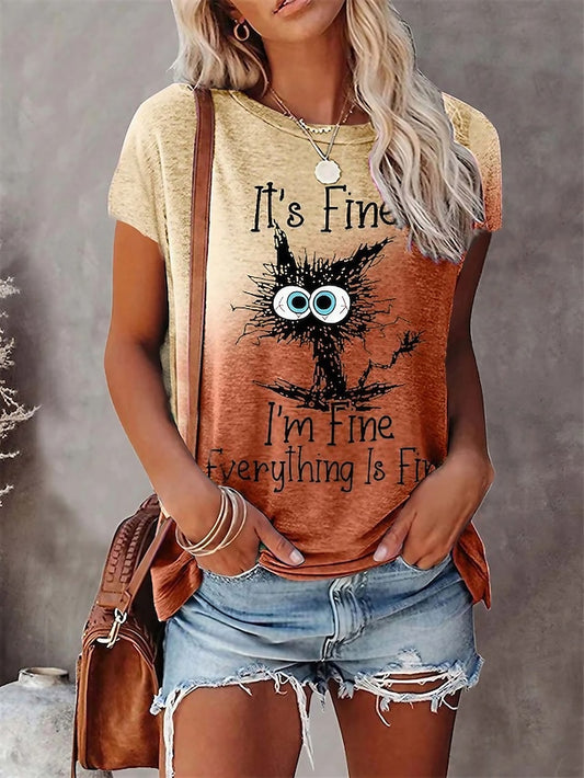 Women's T shirt Tee Purple Brown Gray Cat Letter Patchwork