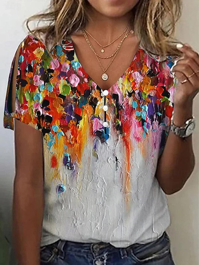 Women's Blouse V-Neck Short Sleeve Split Floral Print
