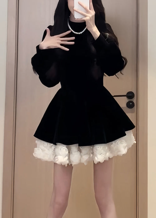 Velvet Simple Black Mid O Dress Spring Neck Silk Solid Patchwork