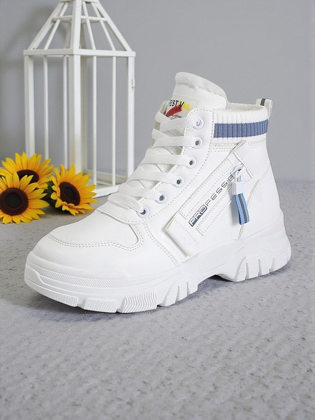 Women's White Warm High-Top Sneakers with Faux Fur Lining -