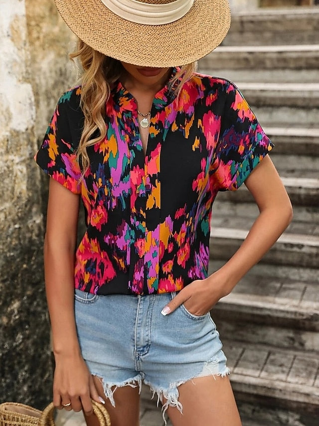 Women's Blouse Print Floral Stylish Casual Short Sleeve V