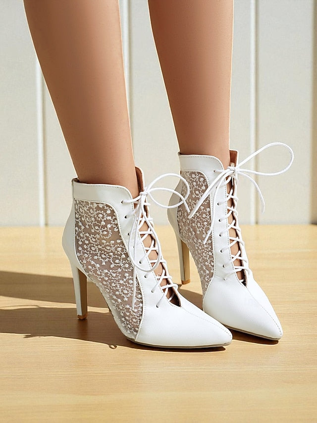 Women's Ankle White Booties Lace with Mesh Stiletto Heels
