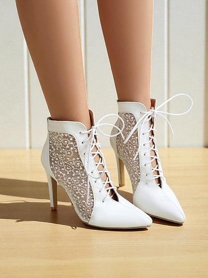 Women's Ankle White Booties Lace with Mesh Stiletto Heels