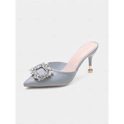 with Toe Light Blue Pointed Mules Women's Crystal Buckle