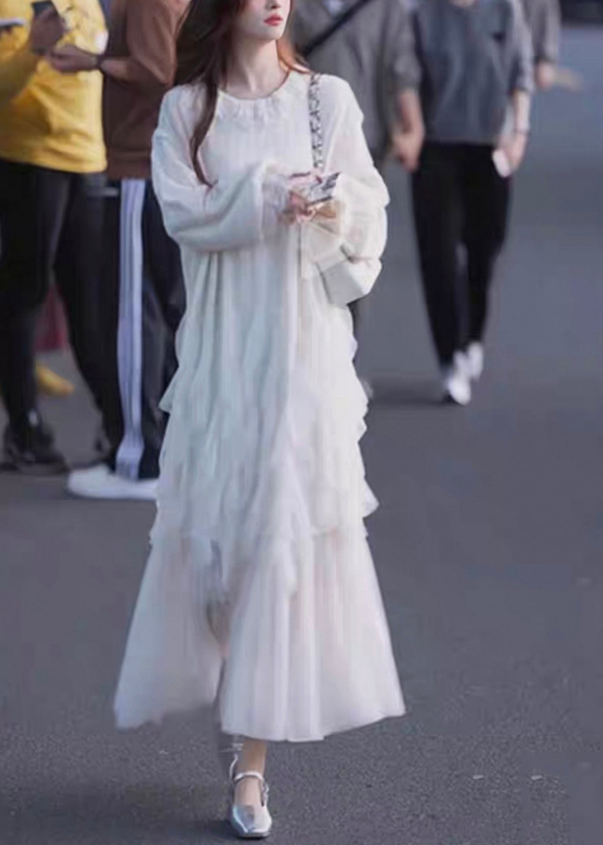 White Maxi Sleeve Solid Tulle Butterfly Dresses Elegant Patchwork