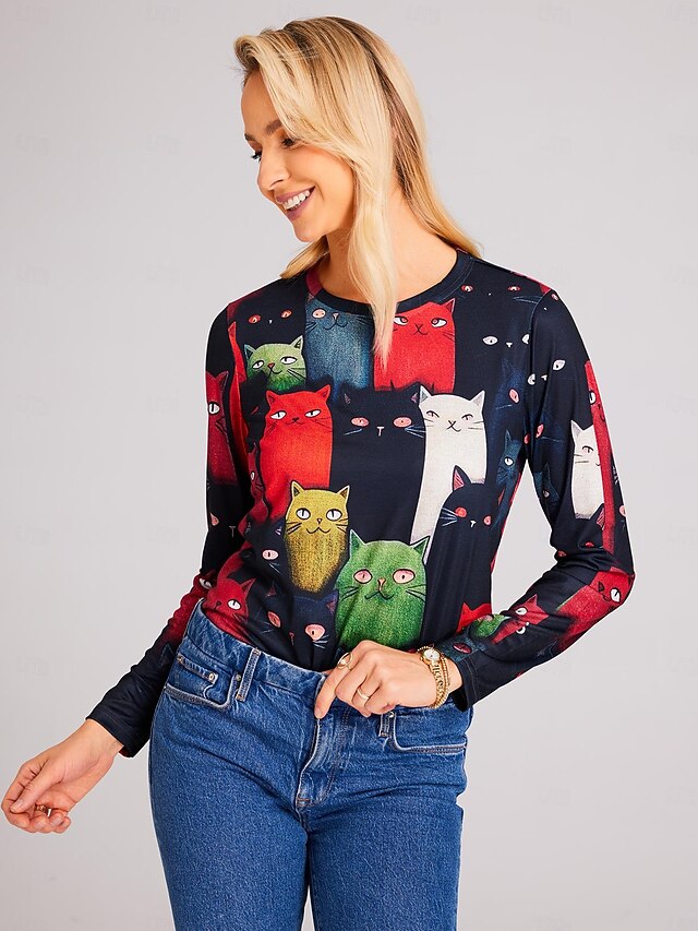Women's T shirt Long Sleeve Crew Neck Long Sleeve Tunic Cat